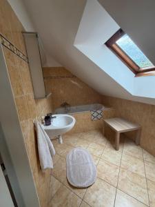 a attic bathroom with a sink and a skylight at Penzion Amfik in Mikulov +143 photos