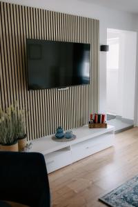 a living room with a flat screen tv on a wall at Apartment am Berg II in Grünstadt