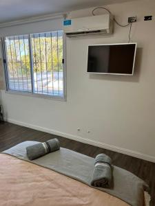a bedroom with a flat screen tv on a wall at Monoambiente Lavalle Lujan in Luján