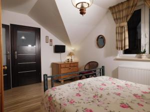 a bedroom with a bed and a tv and a window at Agroturystyka pod Czarną Sosną in Biały Ług