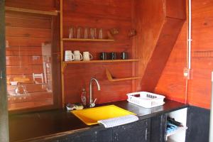 a kitchen with a yellow sink and wooden walls at El Amado in General Alvear +27 photos