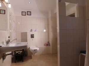 a white bathroom with a sink and a toilet at Agroturystyka pod Czarną Sosną in Biały Ług