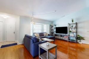 a living room with a blue couch and a tv at Rotonda Getaway in Rotunda-West +25 photos