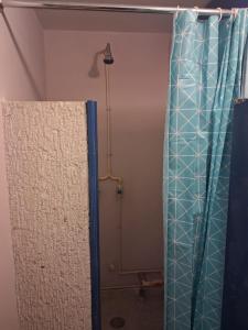 a shower curtain in a room with a door at Hostal del angel in Mexico City