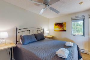 a bedroom with a bed and a ceiling fan at South Beach 25 in Glen Arbor +10 photos