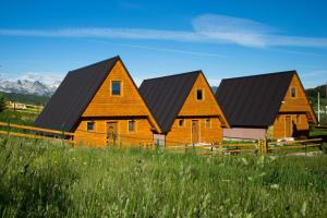 three wooden houses with black roofs in a field at Bugen Villa III in Žabljak