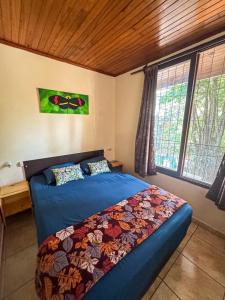 a bedroom with a bed with blue sheets and a window at Benteveo hostel iguazu in Puerto Iguazú