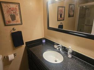 a bathroom with a sink and a large mirror at Urban Retreat -Suite A in San Jose