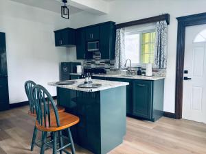 a kitchen with green cabinets and a sink and chairs at Green Valley Luxe Apartments in Kingstown