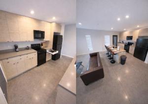 two pictures of a kitchen and a living room at Cozy Greenwood Canopy in Des Moines