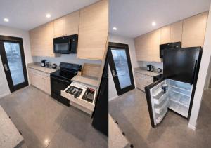 a kitchen with a black refrigerator and a stove at Cozy Greenwood Canopy in Des Moines +45 photos