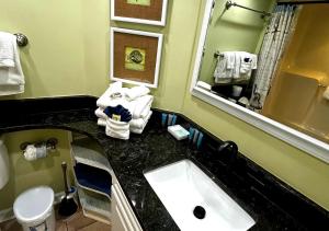 a bathroom with a sink and a mirror at Ocean Front 53 Steps in Myrtle Beach +14 photos