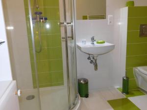 a bathroom with a shower and a sink at Agroturystyka pod Czarną Sosną in Biały Ług