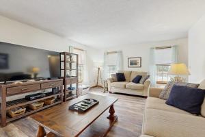 a living room with a couch and a tv at Fallen Oak Retreat in Oak Bluffs