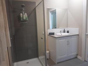 a bathroom with a shower and a sink at Seymour Studios in Seymour