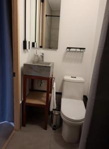 a bathroom with a white toilet and a sink at Casa Tabacalera in Mexico City