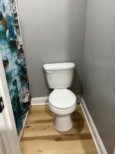 a bathroom with a white toilet in a room at Brooklyn's Tiny Apartment Pets Welcome in North Little Rock