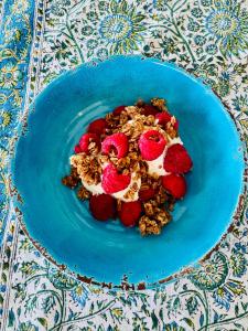 a blue plate with yogurt and strawberries on a table at Lakeview Bed and Breakfast in Kelowna