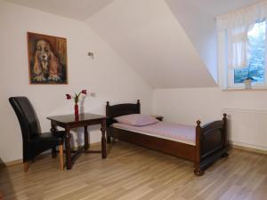 a bedroom with a bed and a table and a window at Agroturystyka pod Czarną Sosną in Biały Ług