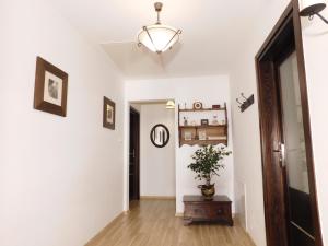 a hallway with a potted plant and a chandelier at Agroturystyka pod Czarną Sosną in Biały Ług