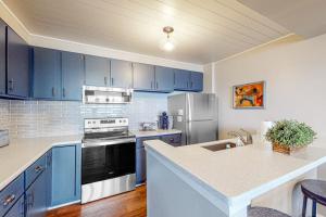 a kitchen with blue cabinets and a counter top at Ship Watch 15 in Glen Arbor
