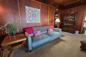 a living room with a blue couch and a wooden wall at Kaap Kottage in Honor