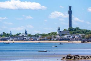 a view of a beach with a town and a lighthouse at Paul Revere in Provincetown +5 photos
