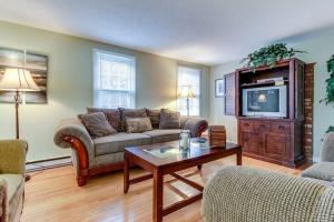a living room with a couch and a tv at Island Sanctuary in Oak Bluffs