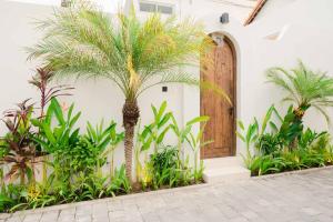 a palm tree in front of a house with a door at Rumah Mana Villa in Tabanan
