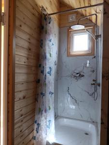 a bathroom with a shower with a shower curtain at Arzu Guesthouse in Ak-Say