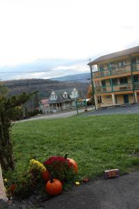 duas abóboras sentadas na relva em frente a um edifício em The Sunview Motel em Tannersville