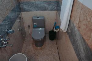 a small bathroom with a toilet and a shower at Jigyasa Homestay in Almora