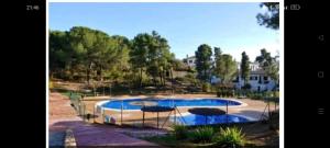 a swimming pool with two umbrellas in a yard at El Madroño de la Encantada in Córdoba