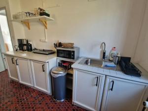a small kitchen with a sink and a microwave at Réhelyi in Szigliget