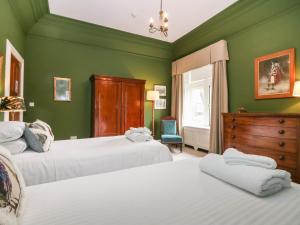 a green bedroom with two beds and a dresser at Macdui - Mar Lodge Estate in Ballater