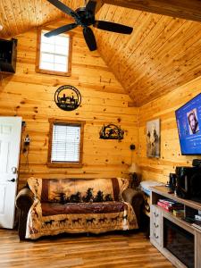 a living room with a couch and a ceiling fan at The Windstorm Cabin - Pet-friendly & a 2-person Jacuzzi hot tub! in Marshall