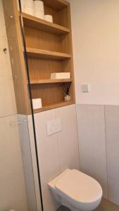 a small bathroom with a toilet and shelves at Dom nad Zbrzycą MODRY in Swornegacie +28 photos