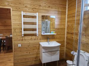 a bathroom with wooden walls and a sink and a mirror at Golden Coast in Batumi