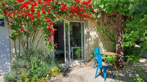 a blue chair sitting in front of a house with flowers at Studio Nature in Marboz
