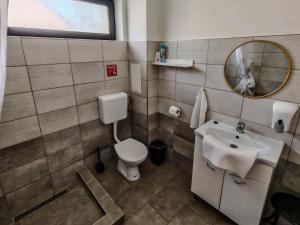 a bathroom with a sink and a toilet and a mirror at Artemis Vendégház in Bogács +17 photos