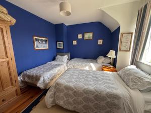 a bedroom with two beds and a blue wall at White House tree view in Drumshanbo +31 photos