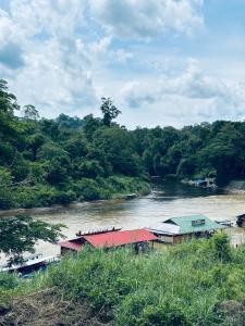 a river with a group of buildings next to a river at Rainbow River View in Jerantut