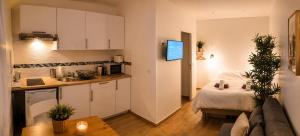 a kitchen and a living room with a bed at Les Escales de Choisy in Choisy-le-Roi
