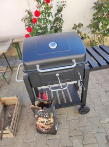 a grill with a bag of dirt next to a bench at Chostello Ecomis Clasik in Sibiu