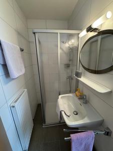 a bathroom with a sink and a shower with a mirror at Gästehaus Stögmüller in Asten +26 photos