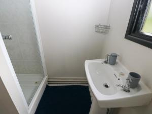 a white bathroom with a sink and a shower at Cabin No 16 - Salt and Fern Cabins in Port Talbot