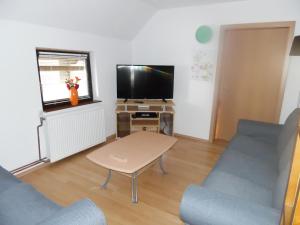 a living room with a table and a tv at FeWo Katie in Radenthein