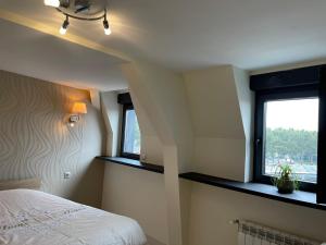 a bedroom with a bed and two windows at Le centre in Montluçon