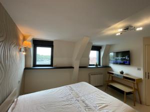 a bedroom with a bed and a desk and two windows at Le centre in Montluçon