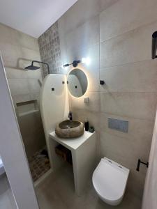 a bathroom with a toilet and a sink with a mirror at Babatseratsi 3 Apartment in Skiros +37 photos